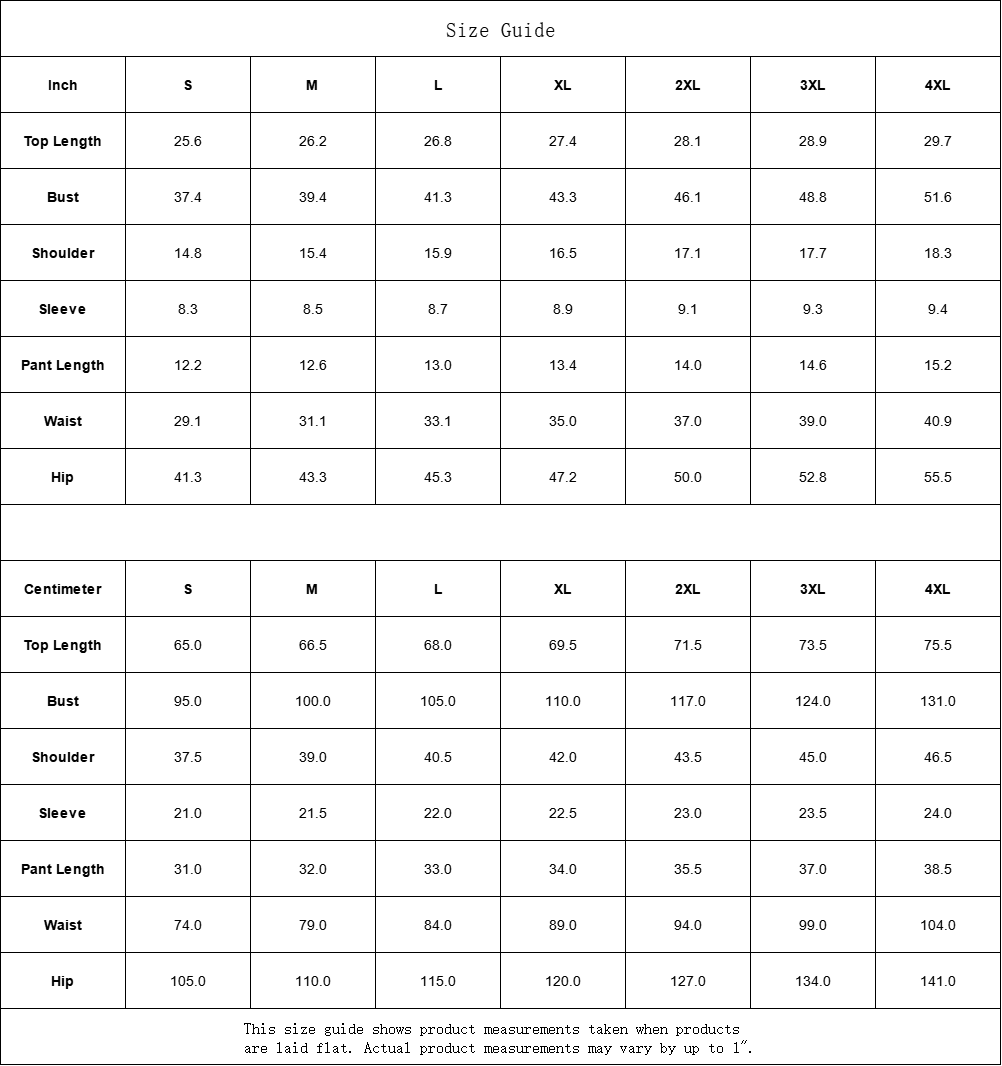 Size chart for clothing measurements in inches and centimeters