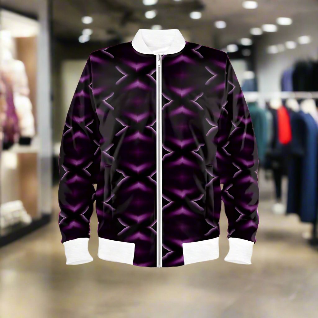 Elevate your style with our Ladies Bomber Jacket in Delicious Purple! Featuring cuffed sleeves and a stand collar in stretch ribbing, as well as a ribbed hem for a fitted look. Handmade to order and with twin front pockets, this women's bomber jacket is the perfect combination of comfort and fashion.