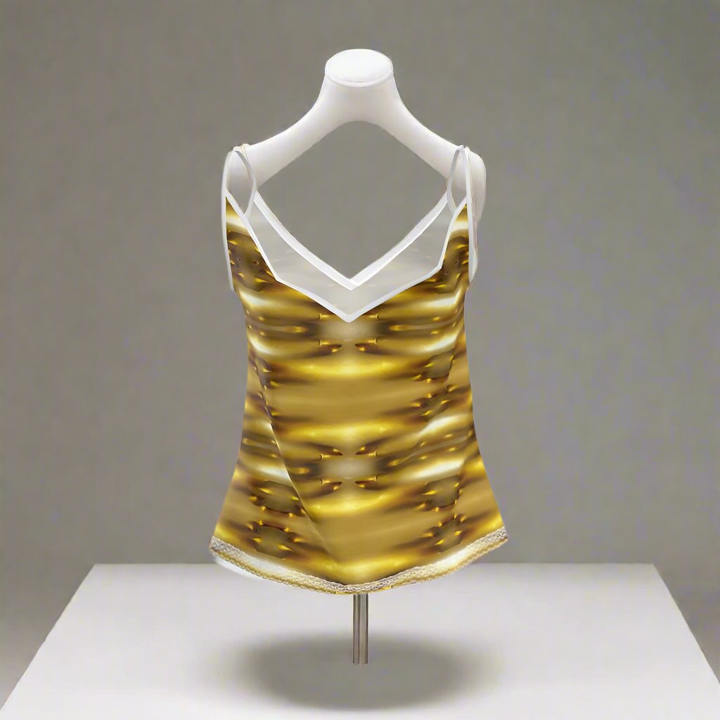 Introducing our Golden Zulu Warrior Print Camisole, crafted from 100% poly fabric with an underbust lace trim and bust darts for shaping. The eye-catching V-shaped neckline is printed with a unique 3D art design, perfect for adding a distinct sense of worth to your look. Free Shipping and NFT token availability included. For best care, cotton should be washed at 86°F, while silk should be dry cleaned.