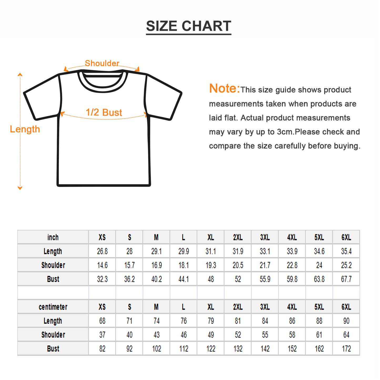 T-shirt size chart with measurements and a note on product dimensions.
