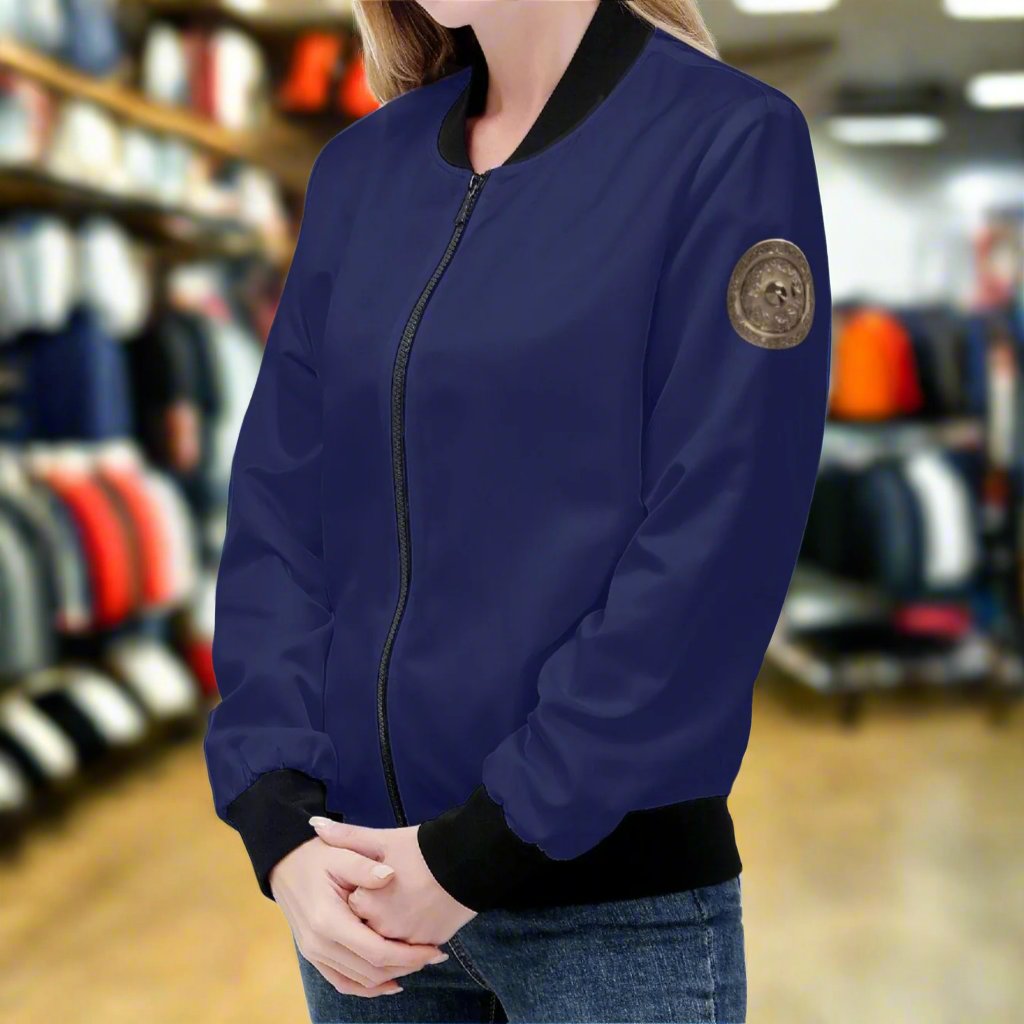 Indulge in our Classic Royal Blue Women's Bomber Jacket, handmade with a premium polyester blend and soft lining for ultimate comfort. Durable reinforced cuffs and waist, with two roomy pockets for convenience. This classic zipper-up jacket exudes sophistication and elegance. Machine washable for easy care.