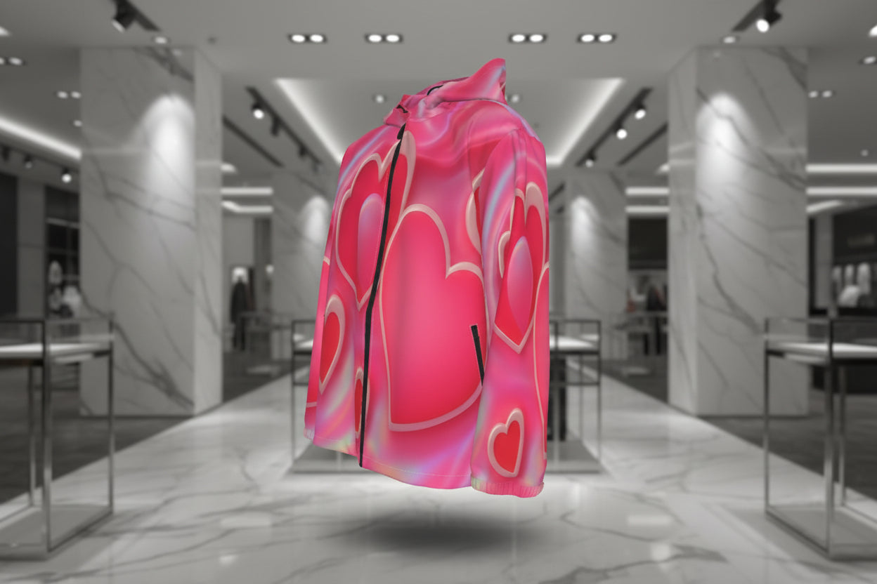 Pink hooded jacket with heart patterns on a white background