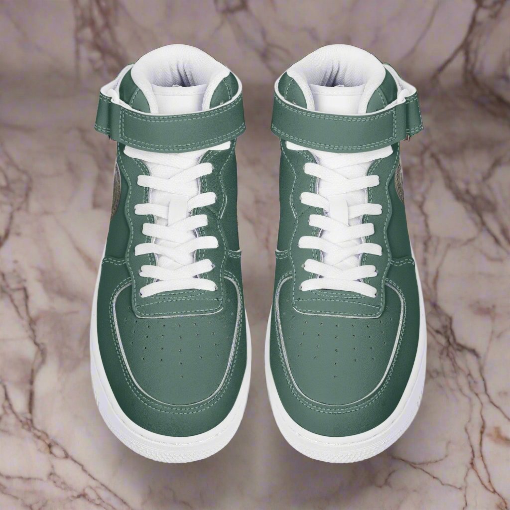 Elevate your sneaker game with our Classic Money Green Leather Sports Sneakers. Designed for both men and women, these high-top kicks provide superior ankle support and durability thanks to the premium leather and hook-and-loop closure. Enjoy comfort and traction with the soft padded insoles and EVA outsole. From the Detroit D's Collection.