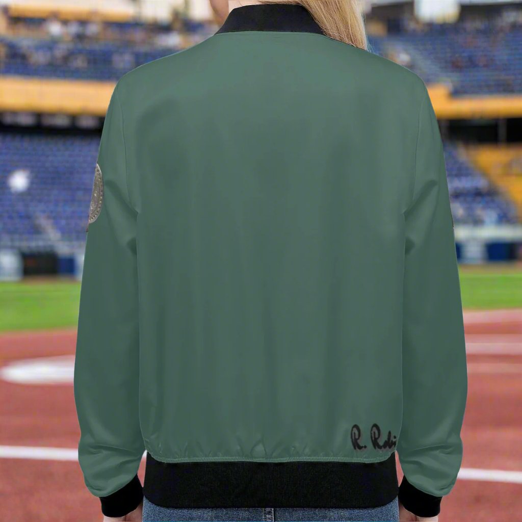 Indulge in luxury with the Classic Money Green Detroit D's Women’s Bomber Jacket. Handmade with premium polyester blend fabric and soft polyester lining, this jacket guarantees a comfortable wear. The reinforced cuffs and waist add durability, while the 2 spacious front pockets provide essential storage. Complete with an exquisite design and zipper-up closure, this jacket exudes elegance and sophistication. Care for it with gentle machine wash and low-heat tumble dry.