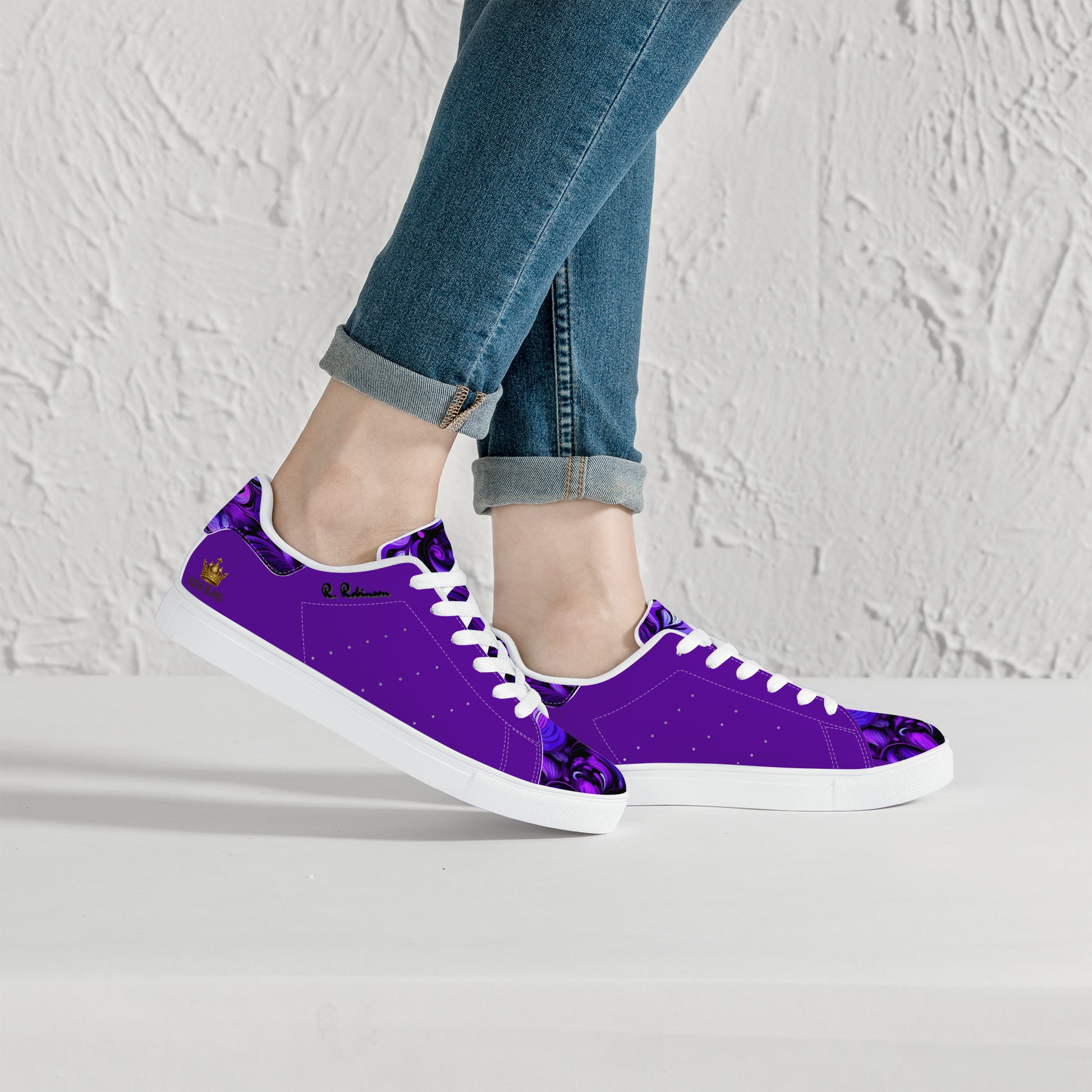 Step into comfort and style with these Elegant Purp print Classic Low-Top Leather Sneakers, designed for everyone. Featuring a striking all-over-print leather upper paired with breathable mesh lining, these unisex sneakers deliver both visual impact and wearability. The soft EVA padded insoles provide cushioning for all-day comfort, while the timeless lace-up closure and classic eyelets ensure a secure, adjustable fit. Perfect for casual wear or making a statement, these sneakers blend contemporary design w