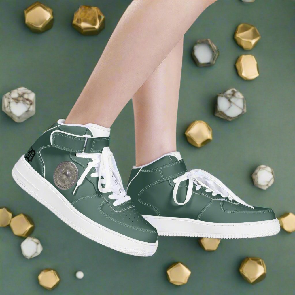 Elevate your sneaker game with our Classic Money Green Leather Sports Sneakers. Designed for both men and women, these high-top kicks provide superior ankle support and durability thanks to the premium leather and hook-and-loop closure. Enjoy comfort and traction with the soft padded insoles and EVA outsole. From the Detroit D's Collection.