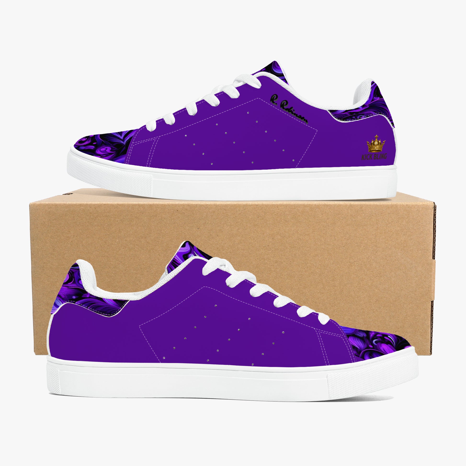 Step into comfort and style with these Elegant Purp print Classic Low-Top Leather Sneakers, designed for everyone. Featuring a striking all-over-print leather upper paired with breathable mesh lining, these unisex sneakers deliver both visual impact and wearability. The soft EVA padded insoles provide cushioning for all-day comfort, while the timeless lace-up closure and classic eyelets ensure a secure, adjustable fit. Perfect for casual wear or making a statement, these sneakers blend contemporary design w