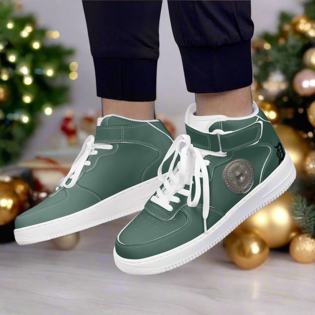 Elevate your sneaker game with our Classic Money Green Leather Sports Sneakers. Designed for both men and women, these high-top kicks provide superior ankle support and durability thanks to the premium leather and hook-and-loop closure. Enjoy comfort and traction with the soft padded insoles and EVA outsole. From the Detroit D's Collection.