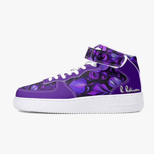 Experience unparalleled comfort and support with our Elegant Purp Print AF1 High-Top Leather Sports Sneakers. Designed for both men and women, these sneakers feature a leather upper with mesh lining for breathability. With high-profile ankle support and Hook-and-loop closure for a better fit, these shoes also have soft EVA padded insoles and an EVA outsole for traction and durability. Elevate your sports footwear game with these stylish and functional sneakers.