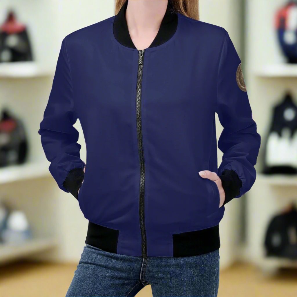 Indulge in our Classic Royal Blue Women's Bomber Jacket, handmade with a premium polyester blend and soft lining for ultimate comfort. Durable reinforced cuffs and waist, with two roomy pockets for convenience. This classic zipper-up jacket exudes sophistication and elegance. Machine washable for easy care.