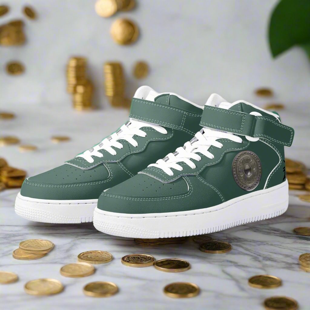 Elevate your sneaker game with our Classic Money Green Leather Sports Sneakers. Designed for both men and women, these high-top kicks provide superior ankle support and durability thanks to the premium leather and hook-and-loop closure. Enjoy comfort and traction with the soft padded insoles and EVA outsole. From the Detroit D's Collection.