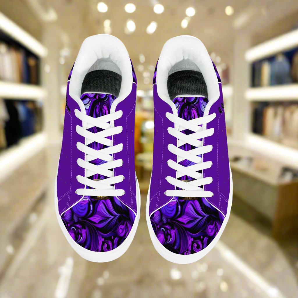 Step into comfort and style with these Elegant Purp print Classic Low-Top Leather Sneakers, designed for everyone. Featuring a striking all-over-print leather upper paired with breathable mesh lining, these unisex sneakers deliver both visual impact and wearability. The soft EVA padded insoles provide cushioning for all-day comfort, while the timeless lace-up closure and classic eyelets ensure a secure, adjustable fit. Perfect for casual wear or making a statement, these sneakers blend contemporary design w