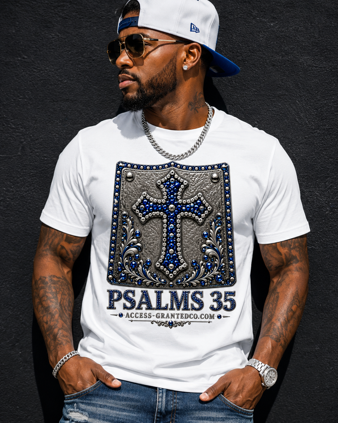 Psalms 35 blue shield cross Christian T-shirt modeled on a man
