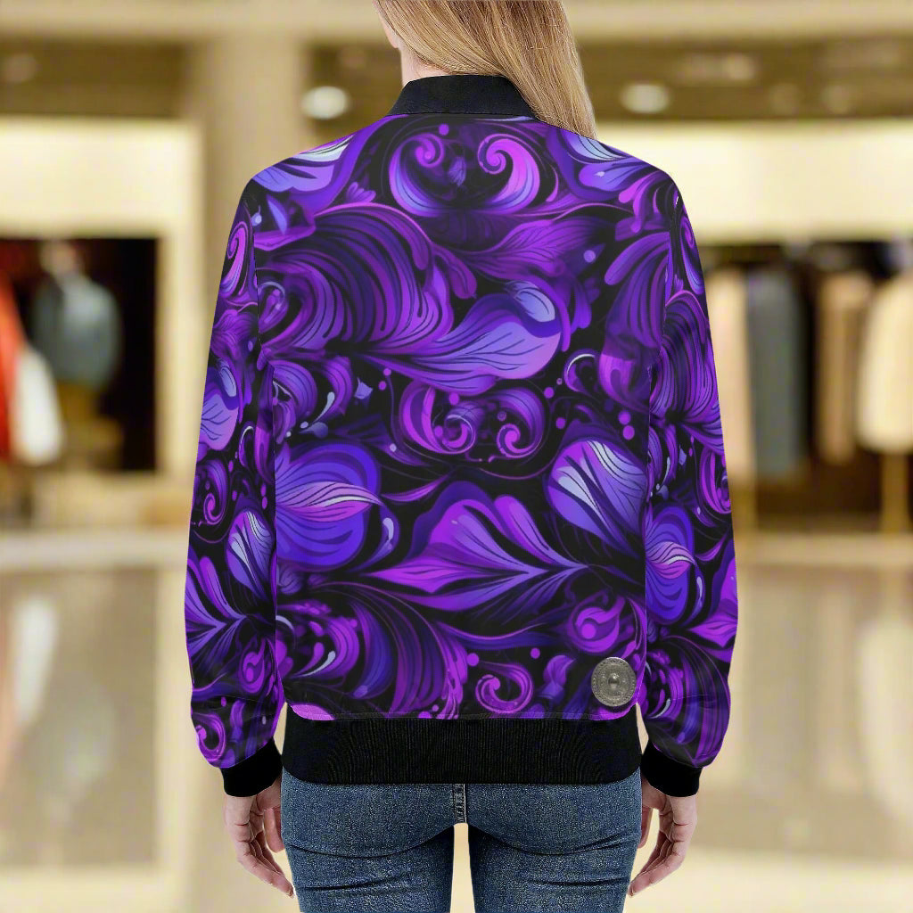 This Elegant Purp art print women's bomber jacket combines style and comfort with its premium polyester blend fabric and soft lining. Handmade with reinforced cuffs and waist, it ensures durability for everyday wear. Featuring two spacious front pockets and a classic zipper closure, it offers both practicality and a sleek look. Expertly crafted with exquisite stitching, this jacket is easy to care for with gentle machine washing and low-heat tumble drying. Elevate your wardrobe with a piece that’s as functi
