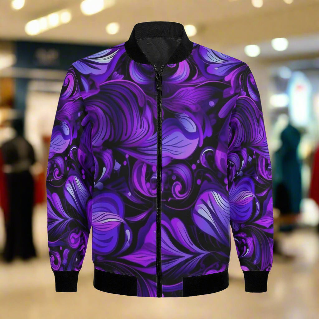 This Elegant Purp art print women's bomber jacket combines style and comfort with its premium polyester blend fabric and soft lining. Handmade with reinforced cuffs and waist, it ensures durability for everyday wear. Featuring two spacious front pockets and a classic zipper closure, it offers both practicality and a sleek look. Expertly crafted with exquisite stitching, this jacket is easy to care for with gentle machine washing and low-heat tumble drying. Elevate your wardrobe with a piece that’s as functi
