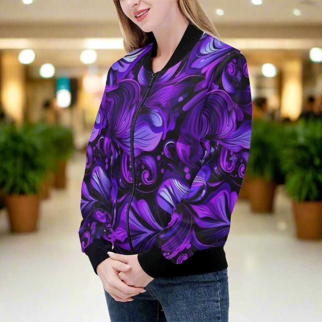 This Elegant Purp art print women's bomber jacket combines style and comfort with its premium polyester blend fabric and soft lining. Handmade with reinforced cuffs and waist, it ensures durability for everyday wear. Featuring two spacious front pockets and a classic zipper closure, it offers both practicality and a sleek look. Expertly crafted with exquisite stitching, this jacket is easy to care for with gentle machine washing and low-heat tumble drying. Elevate your wardrobe with a piece that’s as functi