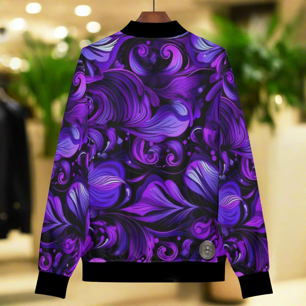 This Elegant Purp art print women's bomber jacket combines style and comfort with its premium polyester blend fabric and soft lining. Handmade with reinforced cuffs and waist, it ensures durability for everyday wear. Featuring two spacious front pockets and a classic zipper closure, it offers both practicality and a sleek look. Expertly crafted with exquisite stitching, this jacket is easy to care for with gentle machine washing and low-heat tumble drying. Elevate your wardrobe with a piece that’s as functi