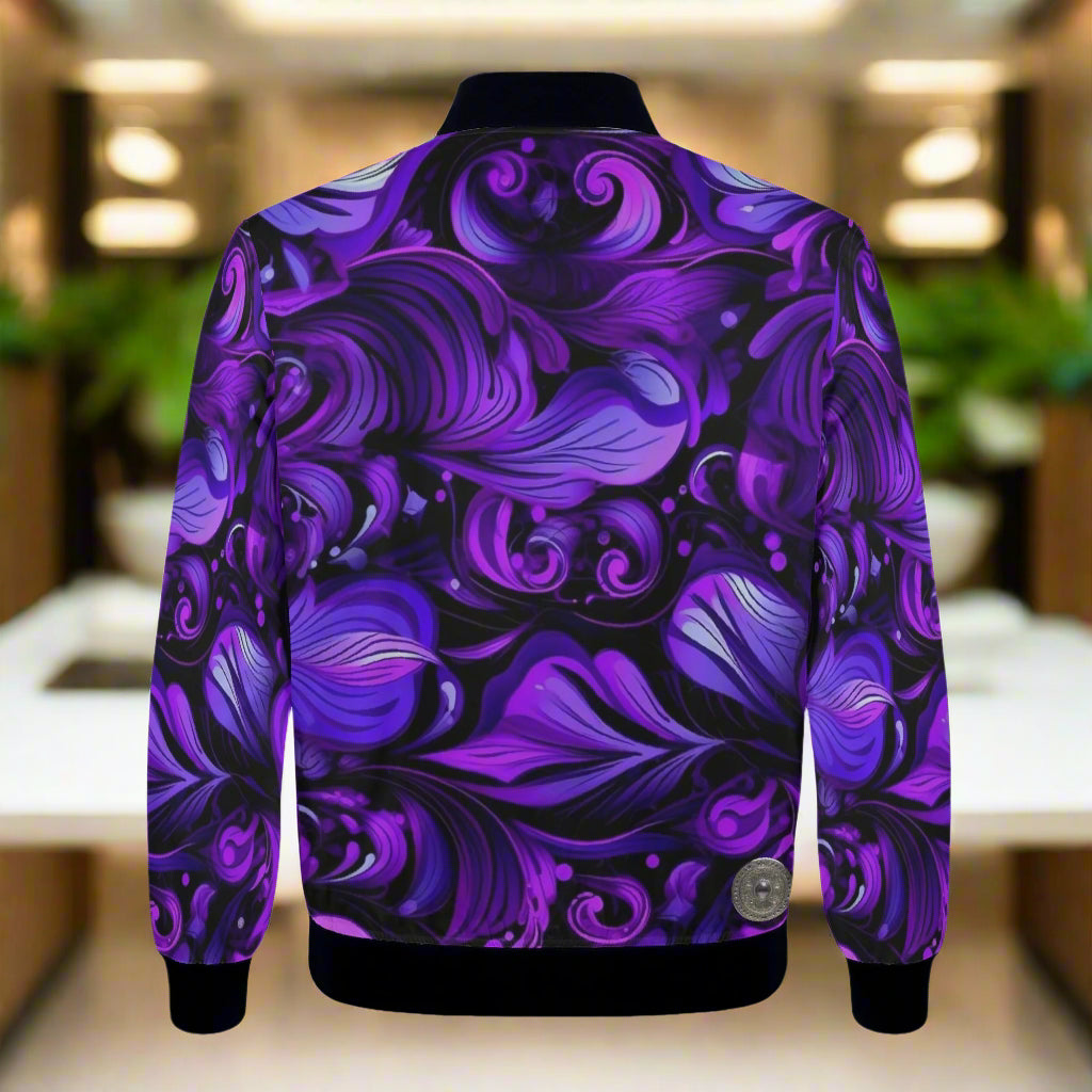 This Elegant Purp art print women's bomber jacket combines style and comfort with its premium polyester blend fabric and soft lining. Handmade with reinforced cuffs and waist, it ensures durability for everyday wear. Featuring two spacious front pockets and a classic zipper closure, it offers both practicality and a sleek look. Expertly crafted with exquisite stitching, this jacket is easy to care for with gentle machine washing and low-heat tumble drying. Elevate your wardrobe with a piece that’s as functi