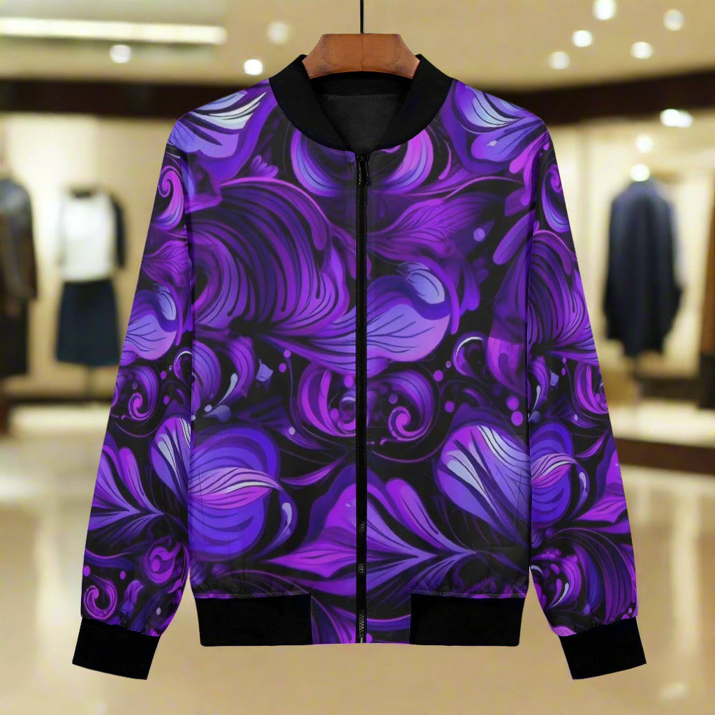 This Elegant Purp art print women's bomber jacket combines style and comfort with its premium polyester blend fabric and soft lining. Handmade with reinforced cuffs and waist, it ensures durability for everyday wear. Featuring two spacious front pockets and a classic zipper closure, it offers both practicality and a sleek look. Expertly crafted with exquisite stitching, this jacket is easy to care for with gentle machine washing and low-heat tumble drying. Elevate your wardrobe with a piece that’s as functi