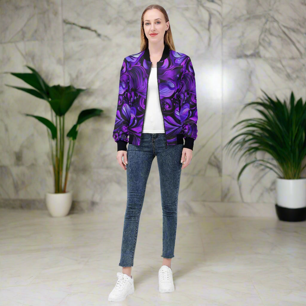 This Elegant Purp art print women's bomber jacket combines style and comfort with its premium polyester blend fabric and soft lining. Handmade with reinforced cuffs and waist, it ensures durability for everyday wear. Featuring two spacious front pockets and a classic zipper closure, it offers both practicality and a sleek look. Expertly crafted with exquisite stitching, this jacket is easy to care for with gentle machine washing and low-heat tumble drying. Elevate your wardrobe with a piece that’s as functi