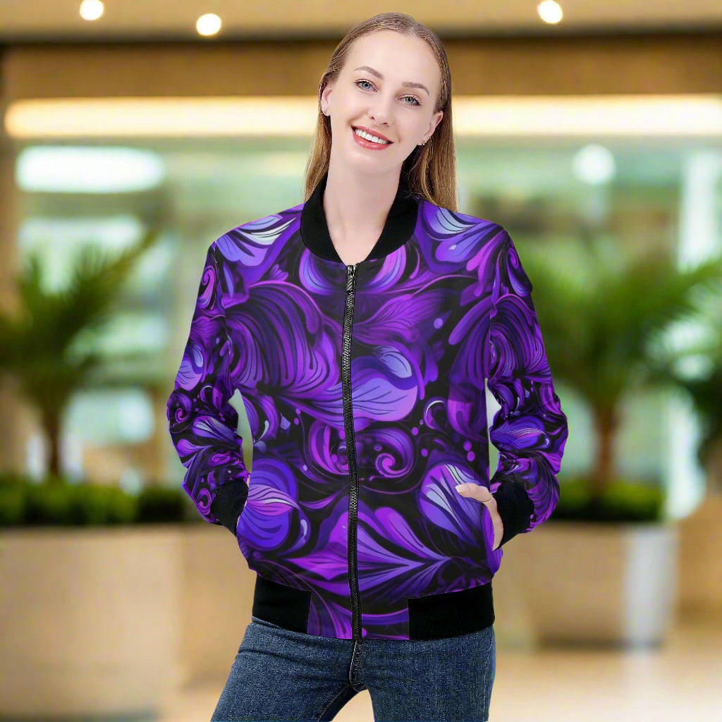 This Elegant Purp art print women's bomber jacket combines style and comfort with its premium polyester blend fabric and soft lining. Handmade with reinforced cuffs and waist, it ensures durability for everyday wear. Featuring two spacious front pockets and a classic zipper closure, it offers both practicality and a sleek look. Expertly crafted with exquisite stitching, this jacket is easy to care for with gentle machine washing and low-heat tumble drying. Elevate your wardrobe with a piece that’s as functi
