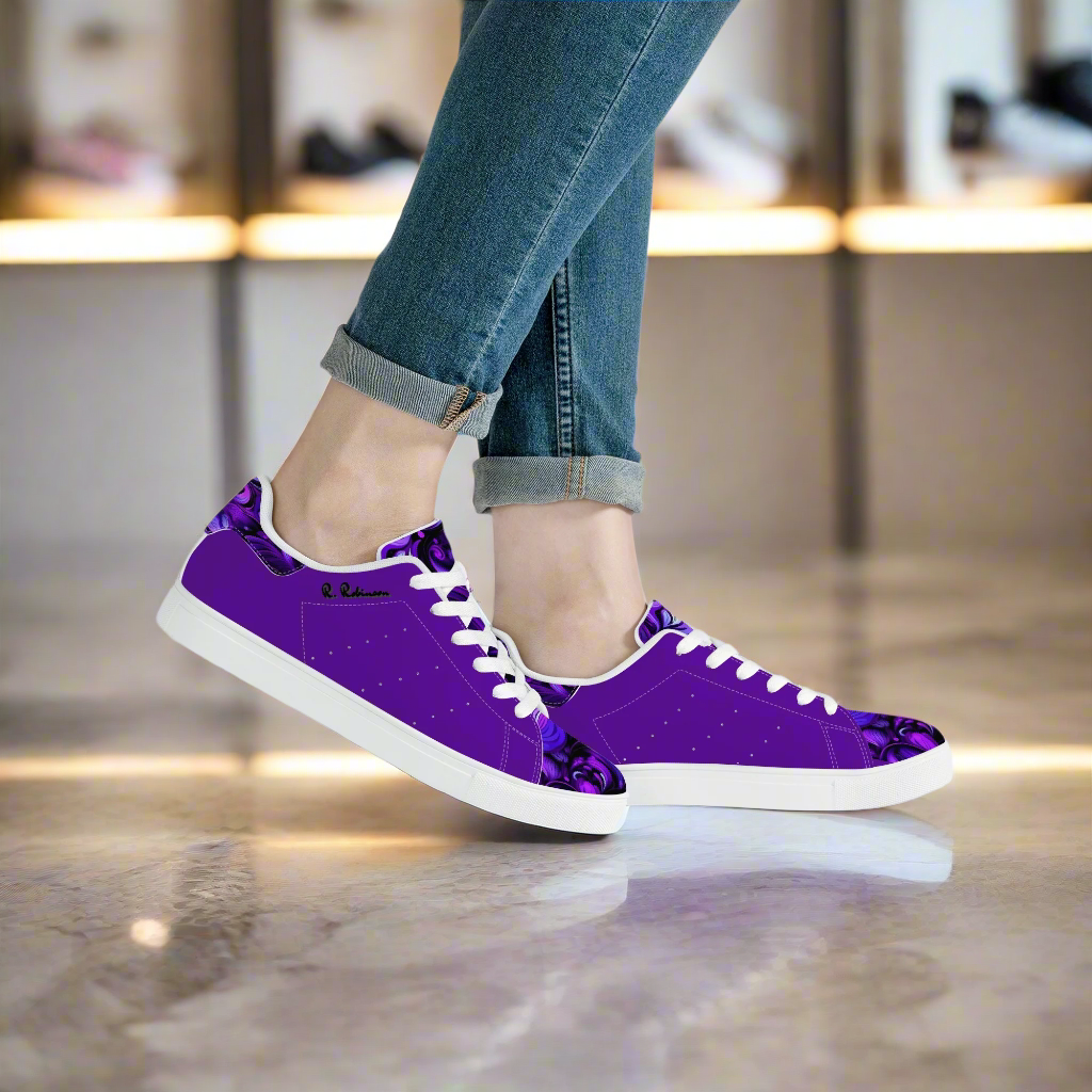 Step into comfort and style with these Elegant Purp print Classic Low-Top Leather Sneakers, designed for everyone. Featuring a striking all-over-print leather upper paired with breathable mesh lining, these unisex sneakers deliver both visual impact and wearability. The soft EVA padded insoles provide cushioning for all-day comfort, while the timeless lace-up closure and classic eyelets ensure a secure, adjustable fit. Perfect for casual wear or making a statement, these sneakers blend contemporary design w
