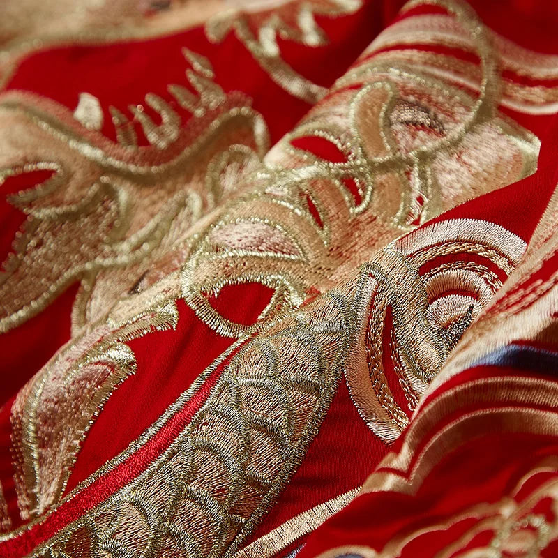 Luxury Red Embroidered Cotton Bedding Set with Phoenix Design