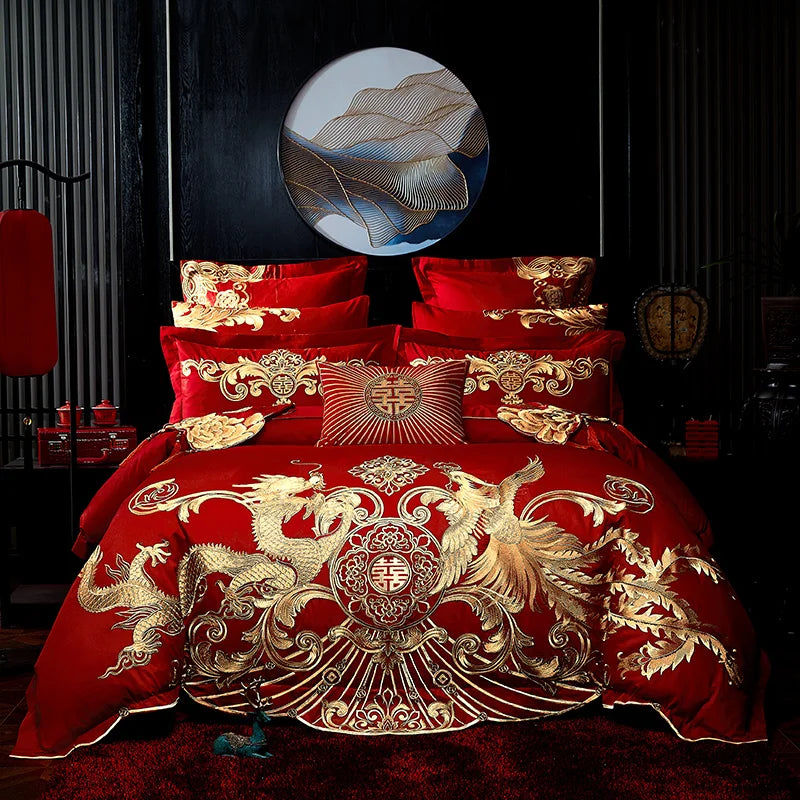Luxury Red Embroidered Cotton Bedding Set with Phoenix Design