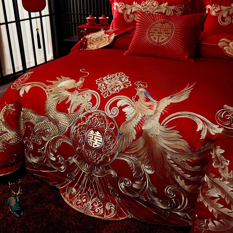 Luxury Red Embroidered Cotton Bedding Set with Phoenix Design