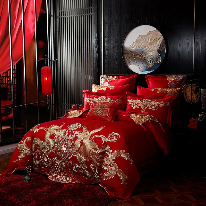 Luxury Red Embroidered Cotton Bedding Set with Phoenix Design