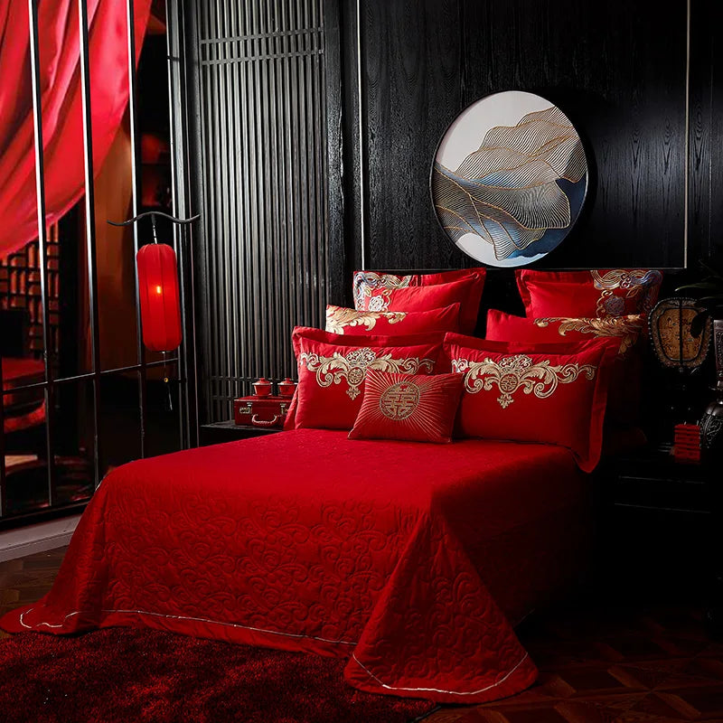 Luxury Red Embroidered Cotton Bedding Set with Phoenix Design