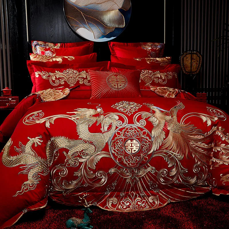 Luxury Red Embroidered Cotton Bedding Set with Phoenix Design
