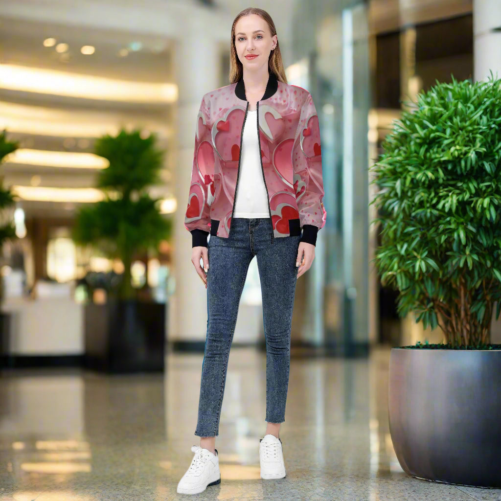 This Love1 print Women's Bomber Jacket combines style and comfort with its premium polyester blend fabric and soft lining. Handmade with reinforced cuffs and waist, it offers durability for everyday wear. Featuring two spacious front pockets and a classic zipper closure, it’s both practical and fashionable.