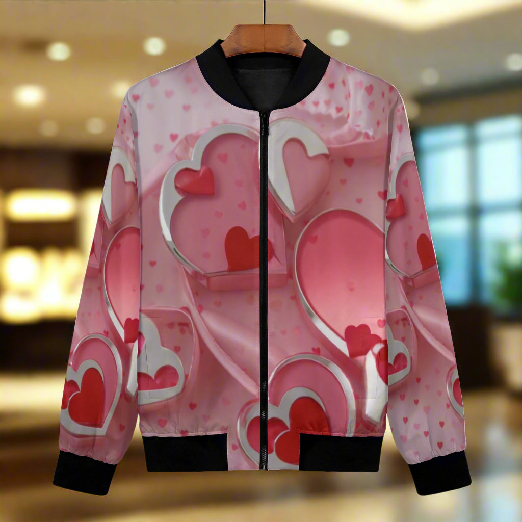 This Love1 print Women's Bomber Jacket combines style and comfort with its premium polyester blend fabric and soft lining. Handmade with reinforced cuffs and waist, it offers durability for everyday wear. Featuring two spacious front pockets and a classic zipper closure, it’s both practical and fashionable.
