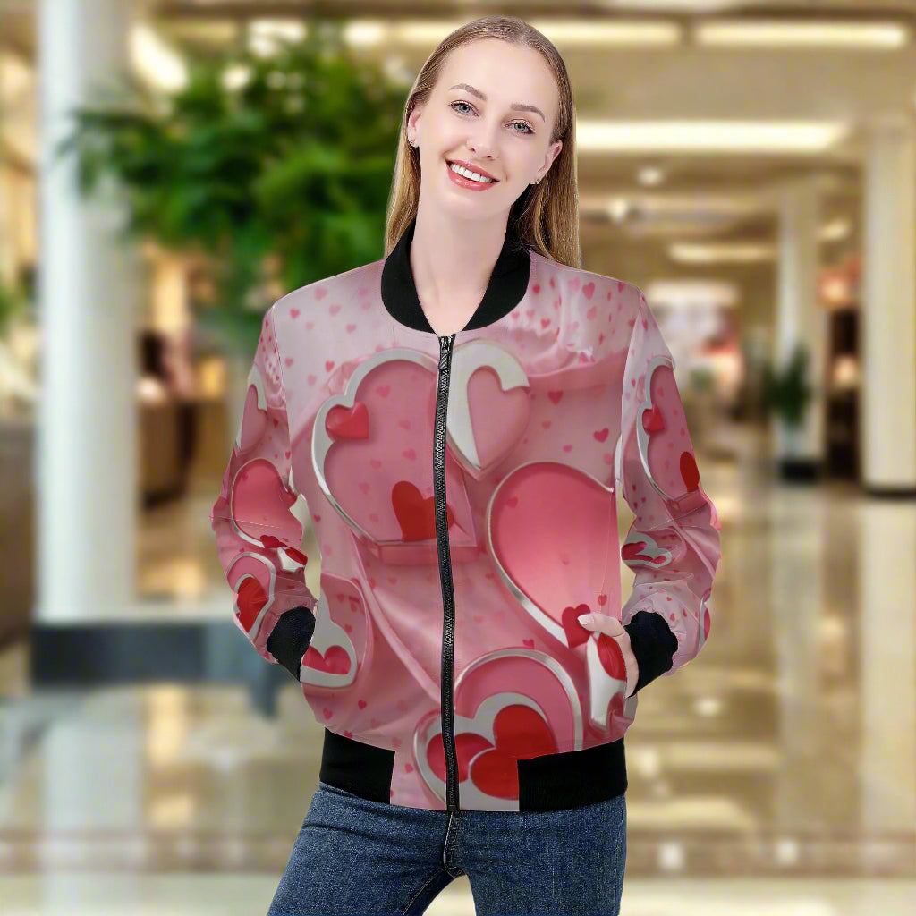 This Love1 print Women's Bomber Jacket combines style and comfort with its premium polyester blend fabric and soft lining. Handmade with reinforced cuffs and waist, it offers durability for everyday wear. Featuring two spacious front pockets and a classic zipper closure, it’s both practical and fashionable.