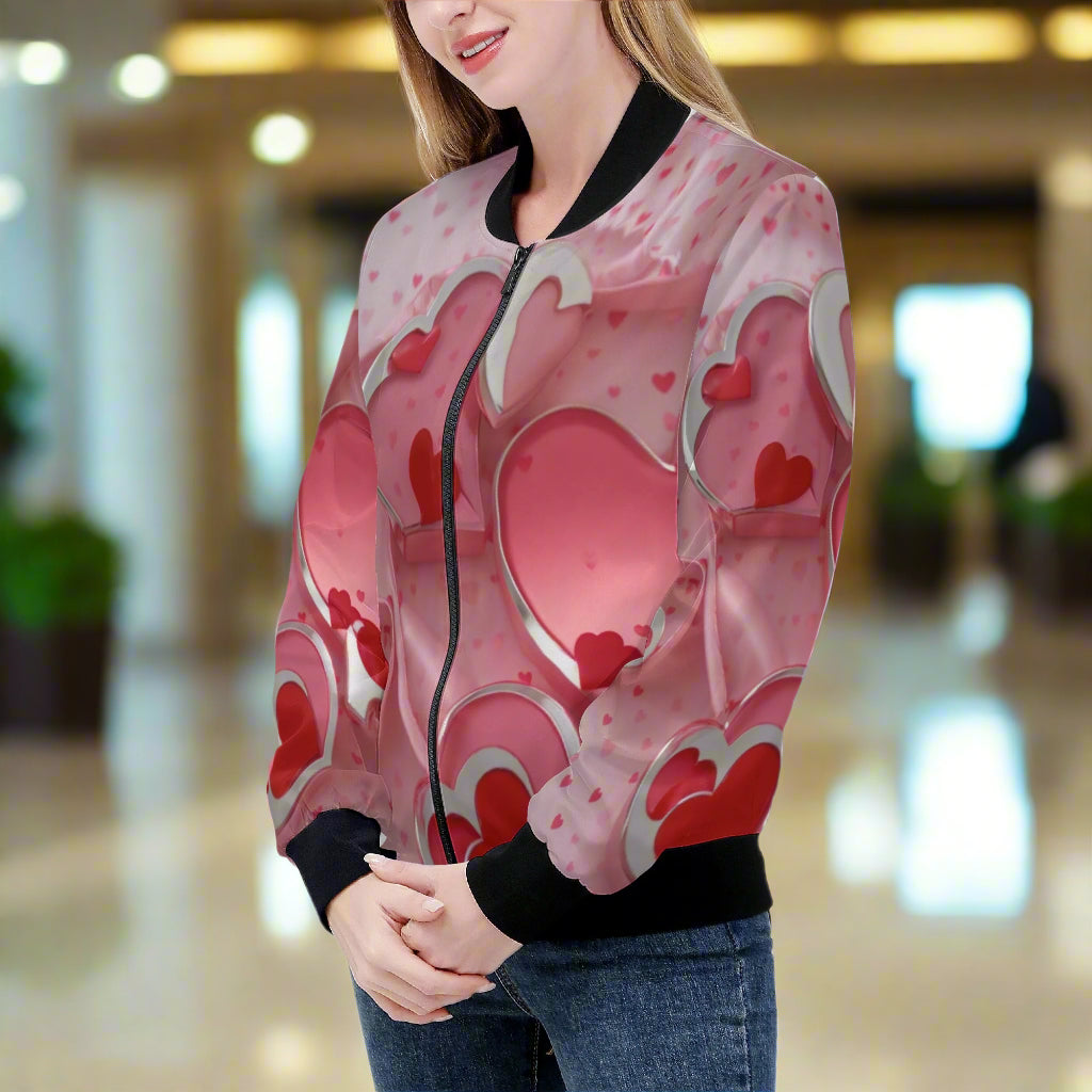 This Love1 print Women's Bomber Jacket combines style and comfort with its premium polyester blend fabric and soft lining. Handmade with reinforced cuffs and waist, it offers durability for everyday wear. Featuring two spacious front pockets and a classic zipper closure, it’s both practical and fashionable.