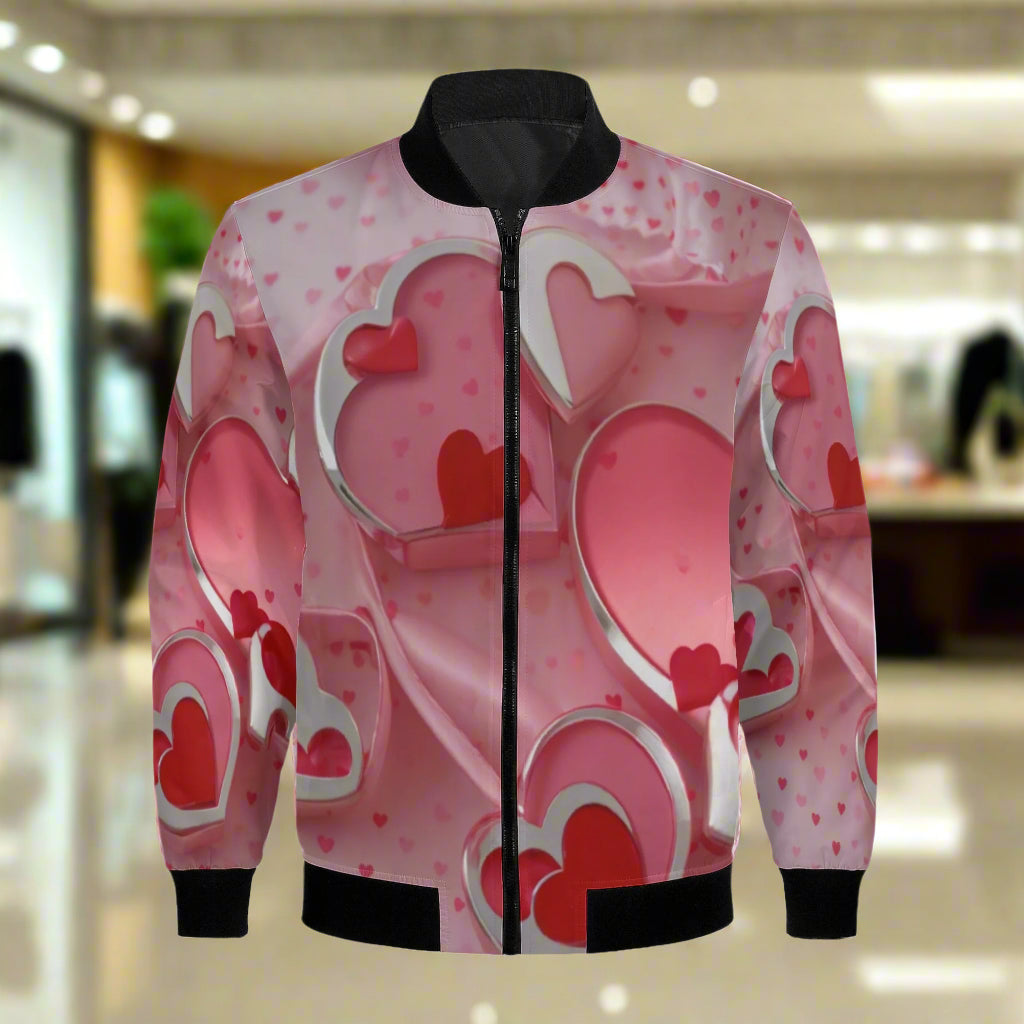 This Love1 print Women's Bomber Jacket combines style and comfort with its premium polyester blend fabric and soft lining. Handmade with reinforced cuffs and waist, it offers durability for everyday wear. Featuring two spacious front pockets and a classic zipper closure, it’s both practical and fashionable.