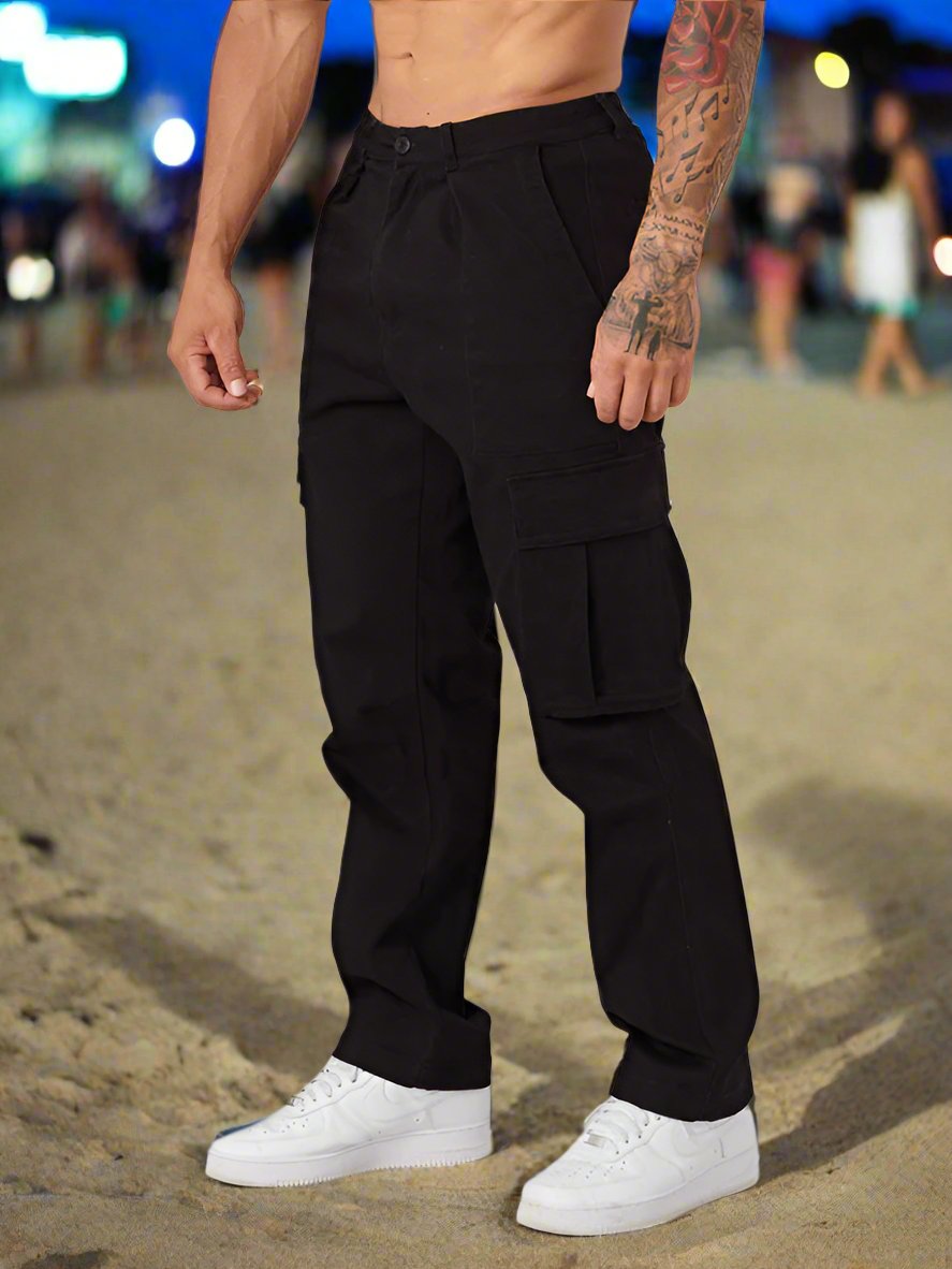 Experience luxury and comfort with our Men's solid color casual sports loose cargo pants. Made with high-quality 100% polyester and designed with a slight elasticity for a perfect fit. Featuring flap pockets, and a lightweight of 353 g, these pants are perfect for spring and summer. Embrace leisure in style.