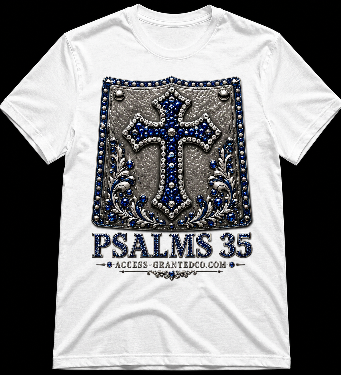 Psalms 35 blue shield and cross graphic on white Christian T-shirt