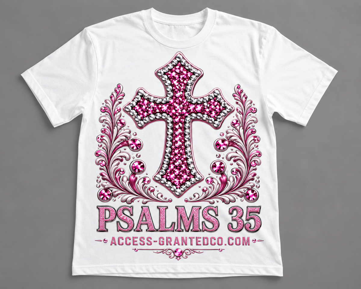 Psalms 35 pink cross Christian T-shirt front view