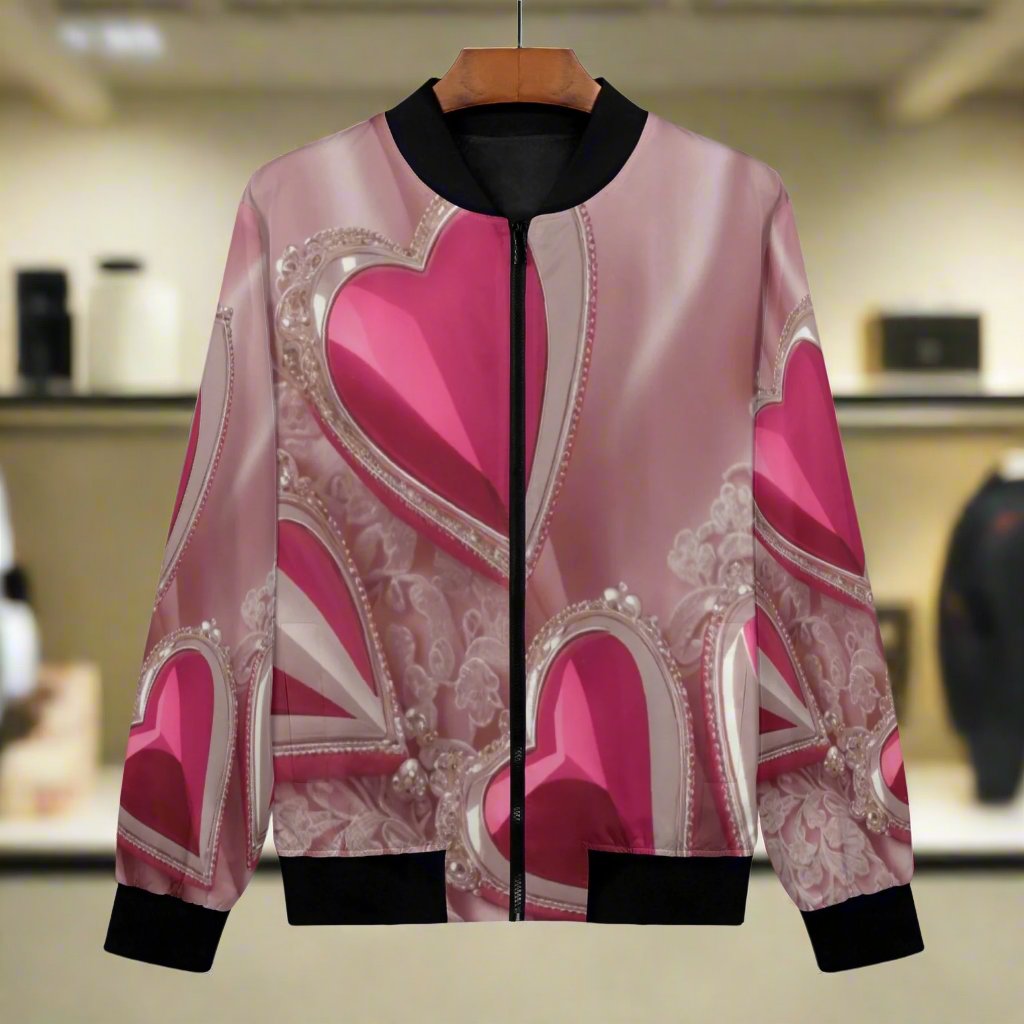 Passionately designed for women, our Red Hearts on Pink Satin Print Bomber Jacket is handmade with premium polyester blend fabric and a soft polyester lining for a comfortable, stylish look. Reinforced cuffs and waist make it durable for any occasion, while the classic zipper-up closure and roomy front pockets add convenience. Machine washable and easy to care for, this jacket is both functional and fashionable.