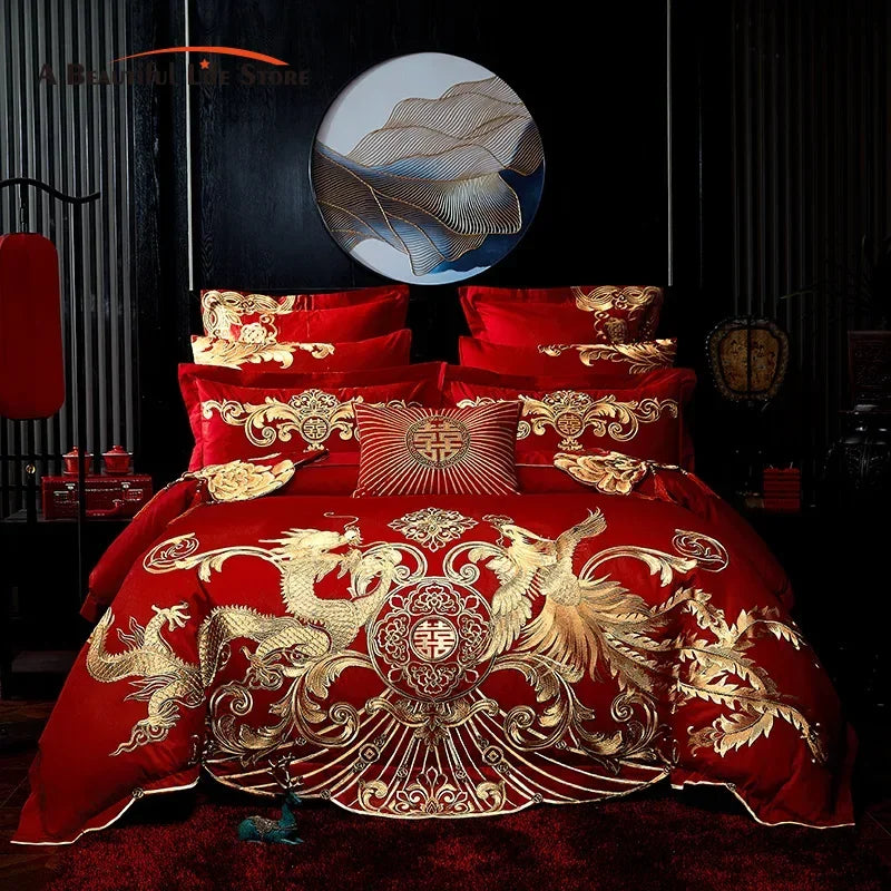Luxury Red Embroidered Cotton Bedding Set with Phoenix Design