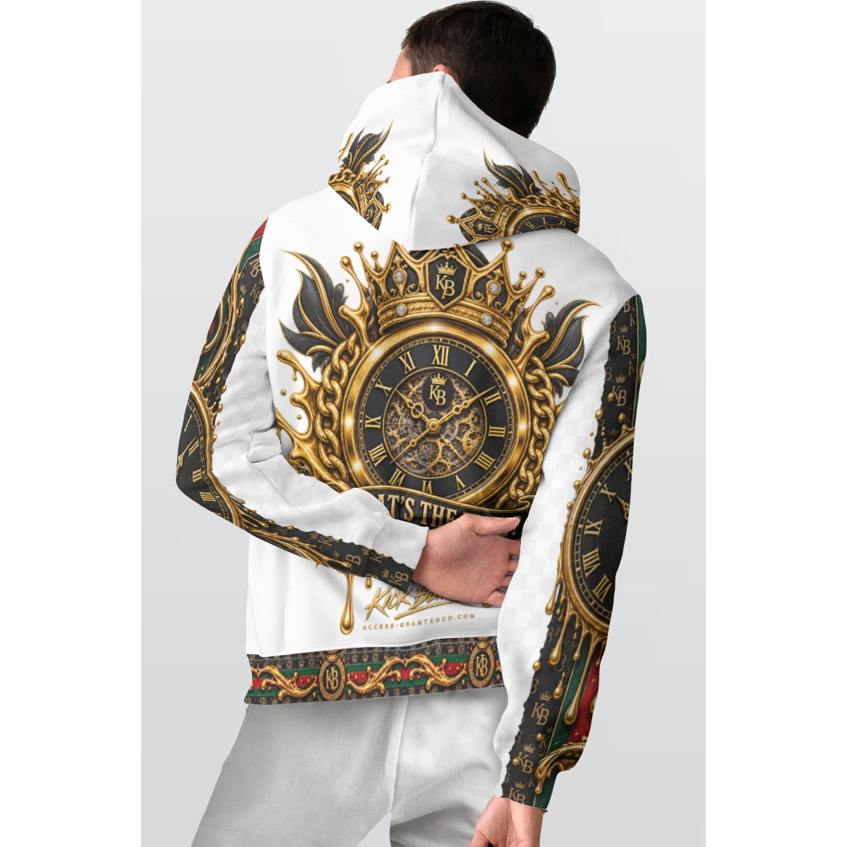 Classic hoodie with fleece inner layer, could provide you warm and comfortable, escorting you freely in cold weather

Make a statement with the Kick Bling What’s The Time? Luxury All-Over Print Hoodie, featuring an ornate gold pocket watch, Roman numerals, crown detailing, and bold black, gold, red and green streetwear styling