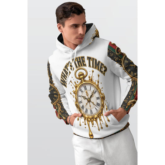Classic hoodie with fleece inner layer, could provide you warm and comfortable, escorting you freely in cold weather

Make a statement with the Kick Bling What’s The Time? Luxury All-Over Print Hoodie, featuring an ornate gold pocket watch, Roman numerals, crown detailing, and bold black, gold, red and green streetwear styling