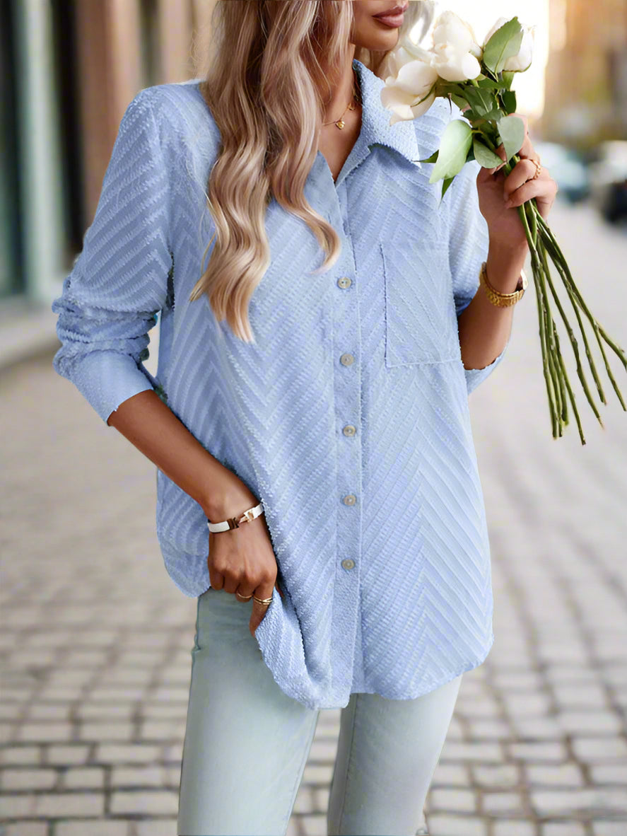 Be prepared for the office in style with this women's elegant commuter jacquard blouse. Crafted with 95% Polyester and 5% Elastane for a comfortable fit, it has an eye-catching pattern and grace style. The fabric is lightweight at 220g and true to size, making it the perfect choice for the professional look this season.