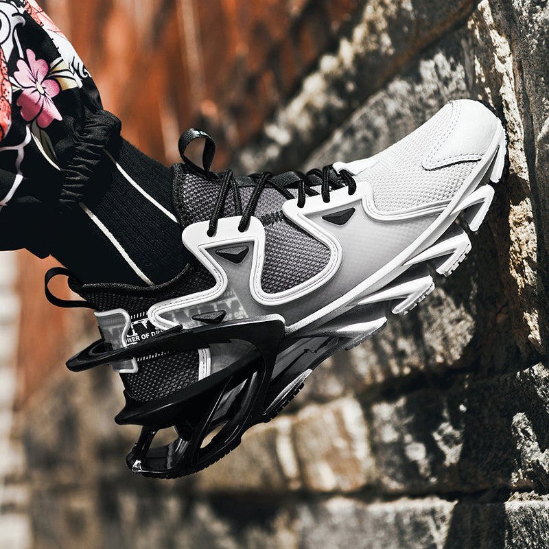 Black and white sneaker with unique sole design against a stone wall background