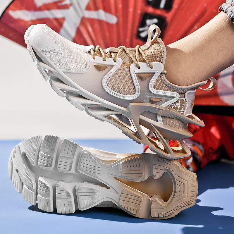 Beige and white sneakers on a blue surface with a colorful background