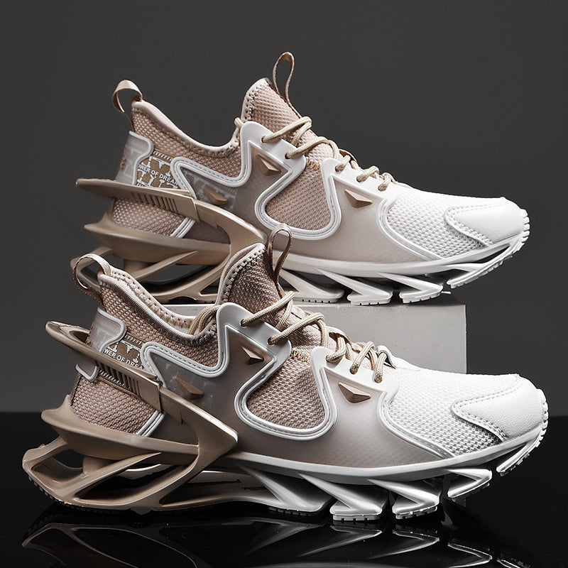 Pair of beige and white sneakers stacked on a reflective surface with a dark background