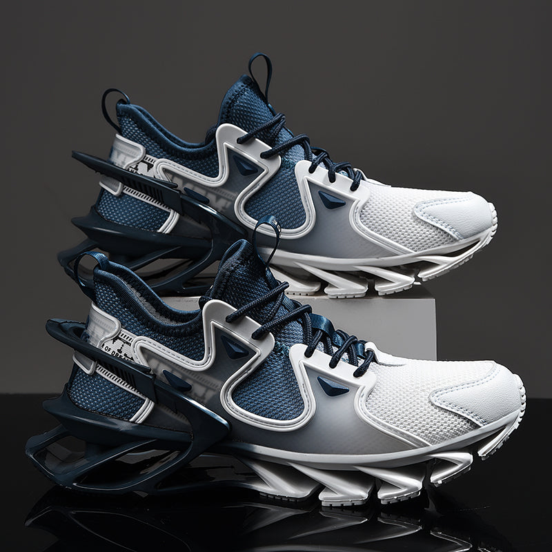 Stack of white and blue athletic shoes on a dark background