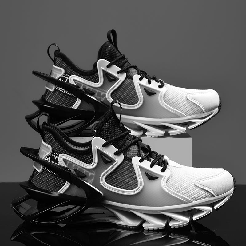 Stack of black and white athletic shoes on a reflective surface with a dark background